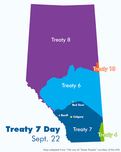 Map showing Treaty 7 boundaries in Alberta, including Calgary, Banff, and Red Deer