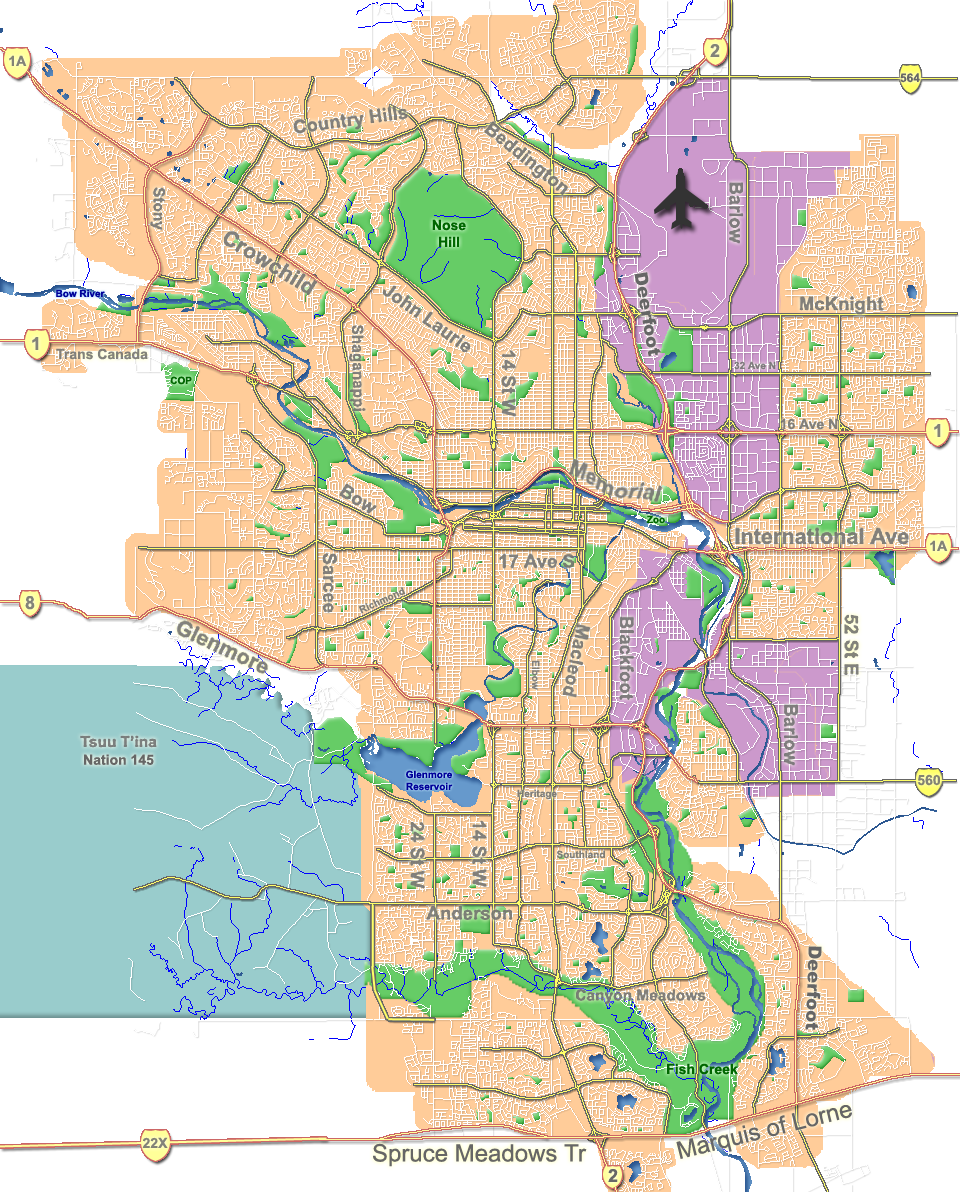 Map showing Calgary and Tsuut'ina Nation area